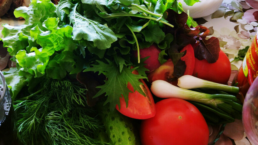 огурцы, помидоры, лук, зелень, салат, петрушка, стол, еда, пища, овощи, ЗОЖ, здоровое питание